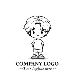 Black and White Chibi Boy Illustration with Jacket and Boots in Bold Thick Line Art Minimal Style