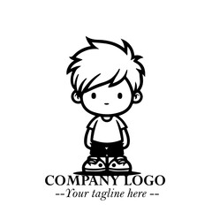 Black and White Chibi Boy Illustration with Jacket and Boots in Bold Thick Line Art Minimal Style