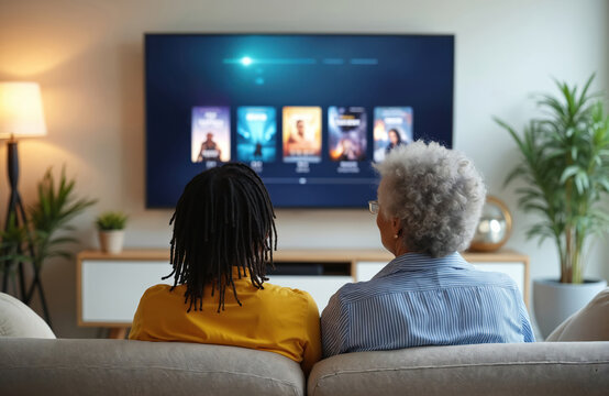 Two women sit on sofa at home, backs to camera, watching TV screen. Young person with dreadlocks, senior lady watch streaming service together. Enjoy movies, shows in living room, relaxing indoors.