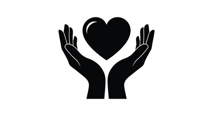 Black silhouette of two open hands gently cupping a shining heart symbol against a white background