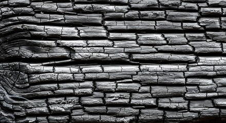 Close up texture of charred wood bark showing deep cracks and rough surface in monochrome