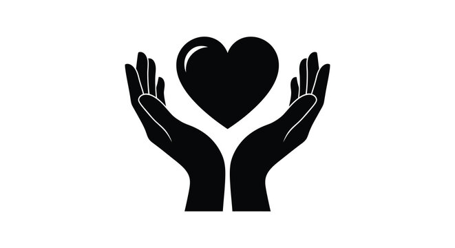 Black silhouette of two open hands gently cupping a shining heart symbol against a white background