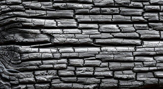 Close up texture of charred wood bark showing deep cracks and rough surface in monochrome