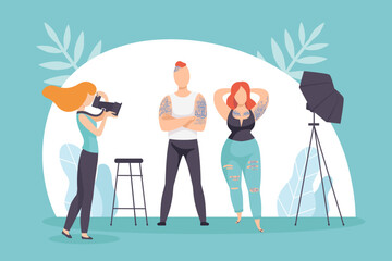 Woman Photographer with Camera Take Photo of Man and Woman in Studio Vector Illustration