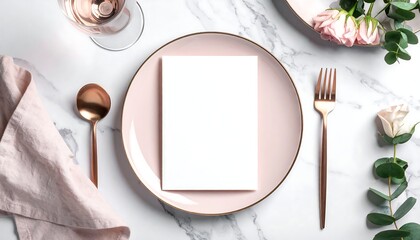 Elegant table setting pink plate, white card, copper utensils, roses, eucalyptus on marble background, aerial view