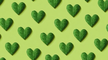 Green glitter hearts creating a repetitive pattern, representing festive celebration, romance, love, luck, and irish holiday themes for saint patrick's day design elements