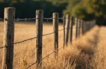 Old farm fence with rustic weathered wooden posts, barbed wire stands in dry golden field. Rural landscape shows boundary line stretching into distant horizon. Countryside scene at sunset sunrise