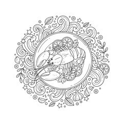 Fototapeta premium Ornate Lobster Plate – Detailed Seafood Line Art with Lemon and Herbs, Ocean Swirl Frame, Adult Coloring Page