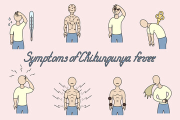 Fever symptoms. Italic text. Illustration. Pink background. 