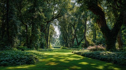 Obraz premium Lush green park path dappled with sunlight, creating natural shadows and offering a serene walking trail through towering trees and dense undergrowth on a summer day