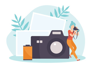 Woman Photographer with Camera Take Photo Vector Illustration
