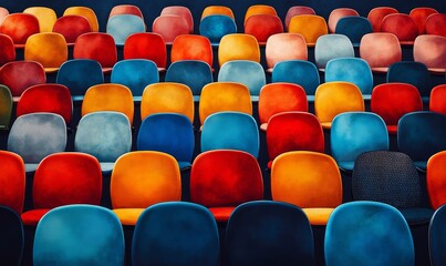 Fototapeta premium Empty chairs for an audience in a modern stadium, representing a cultural environment. The image conveys the anticipation of an event or performance, ideal for promoting large, Generative AI
