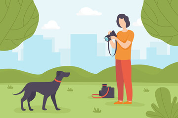 Man Photographer with Camera Take Photo of Dog in Park Vector Illustration