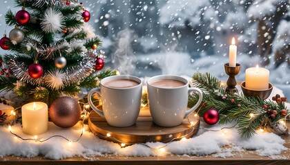 two mugs next to the Christmas tree