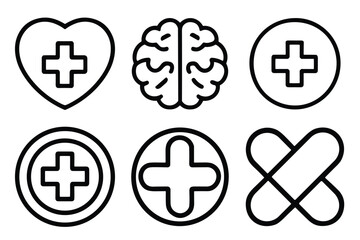Set of medical icons including a heart with a cross, brain, and crosses in circles