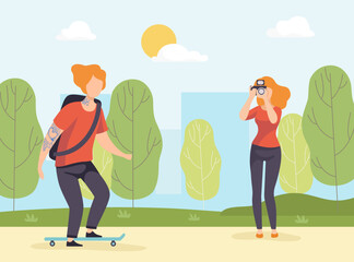 Woman Photographer with Camera Take Photo of Man Skateboarding Vector Illustration