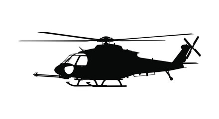 Silhouette of a military attack helicopter with rotor blades and tail rotor against a white background
