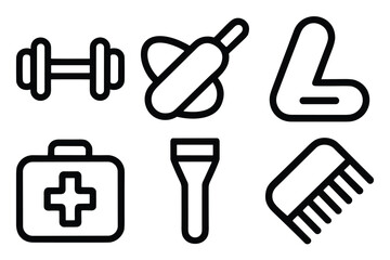 Obraz premium Assortment of fitness and medical items including a dumbbell, bandage, crutch, first aid kit, flashlight, and comb