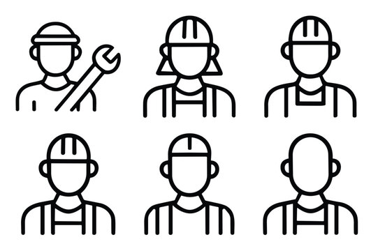 Group of six minimalist line art icons showcasing different types of workers in protective gear, including a mechanic with a wrench and construction personnel