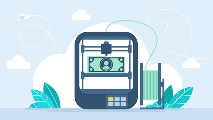 Cartoon color 3d Printer printed sculpture makes banknote. 3D printing technology using artificial intelligence. Innovation technology and software. A 3D printer prints money. Vector illustration
