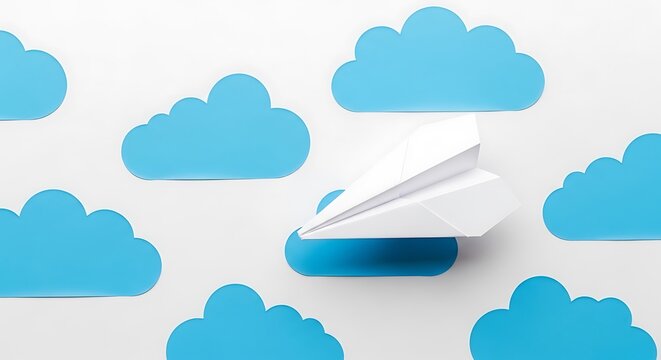 White Paper Airplane Flying Among Blue Clouds on White Background photo