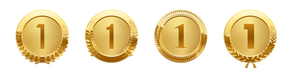 Set of gold first place medals with number 1 and laurel wreaths. Shiny golden badges for top ranking, winner award, competition prize, or achievement certificate. Realistic vector illustration.
