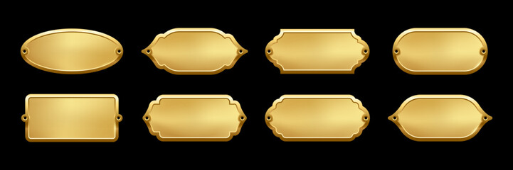Blank golden metal nameplate plaques in various vintage shapes with decorative edges and screw holes. Metallic gold labels for engraving, signage, awards, door signs. Realistic vector illustration.