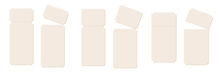 Blank white tear off tickets. Collection of narrow admission passes with perforated edges and detachable stubs. Minimal template for events, raffles, concerts. Realistic vector illustration.