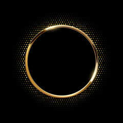 Golden circle frame with dotted halftone light effect. Circular glowing metallic ring, button, stamp, emblem, sticker, label. Modern luxury abstract vector illustration.