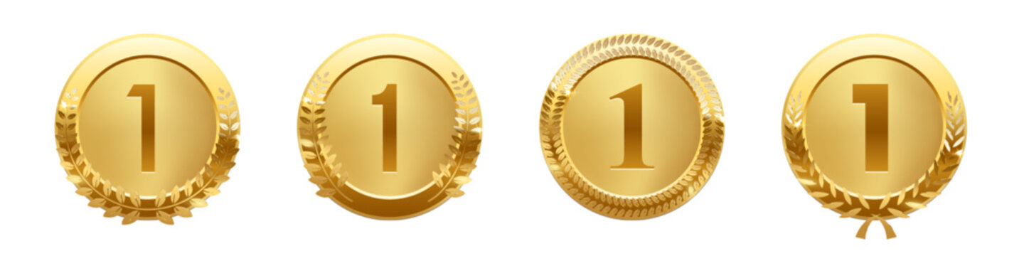 Set of gold first place medals with number 1 and laurel wreaths. Shiny golden badges for top ranking, winner award, competition prize, or achievement certificate. Realistic vector illustration.