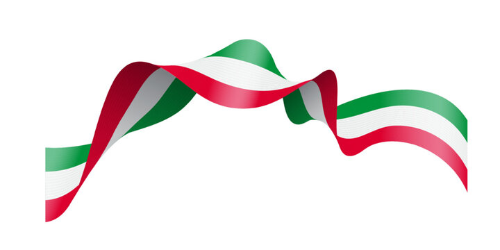 Italy ribbon wave in green, white, and red colors. Wavy tricolor banner symbolizing national flag with smooth curves and folds. Elegant patriotic decoration for events. Realistic vector illustration.