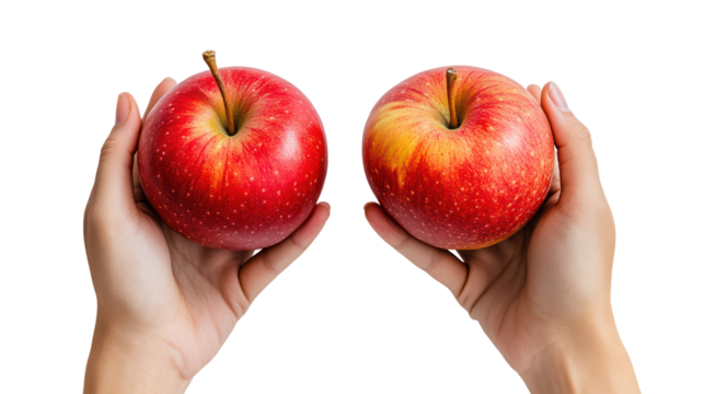 Two red apples held in hands isolated on transparent background