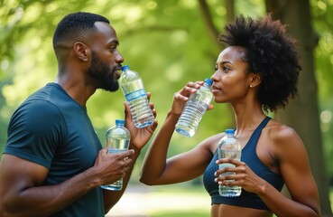 Athletic couple drinks water after workout outdoors. Fit man and woman hydrate after training in park. Healthy lifestyle concept African American models quench thirst after exercise.