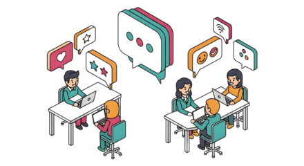 Isometric Office Communication Vector Set – Teamwork, Chat, and Collaboration Concept Illustration