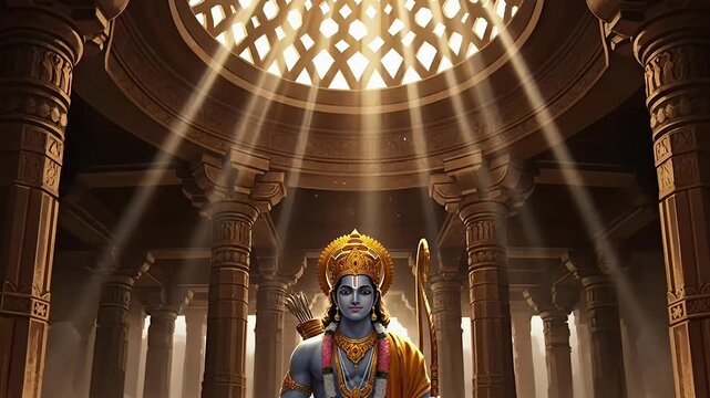 Majestic Depiction of Lord Rama in Ayodhya Temple with Divine Light and Architectural Grandeur