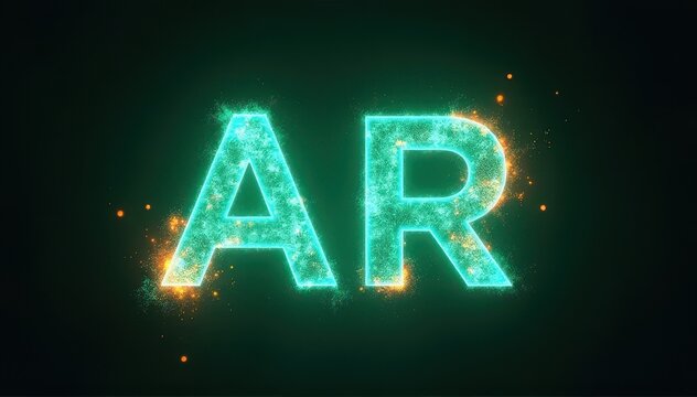 Glowing teal "AR" letters with orange sparks and particle effects on a dark background, evoking augmented reality, futuristic tech, and digital visual effects.