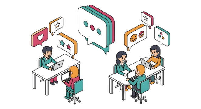 Isometric Office Communication Vector Set – Teamwork, Chat, and Collaboration Concept Illustration