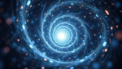Glowing blue spiral tunnel of light and particles, evoking a futuristic wormhole or data vortex in deep space.