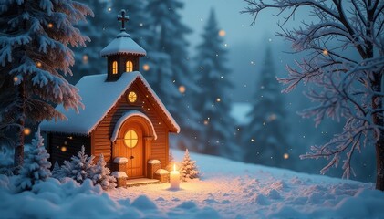 A small wooden chapel glowing warmly by candlelight in a snowy pine forest at twilight, with falling snow and a serene winter atmosphere.