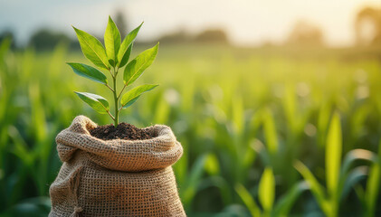 Young green seedling growing in soil inside a burlap sack, set against a sunlit agricultural field.