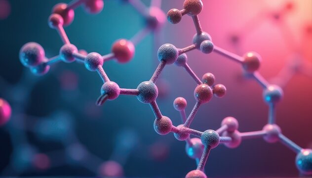 Colorful 3D rendering of an interconnected molecular structure showing atoms and bonds in vibrant blue and pink lighting.