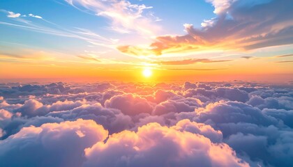 Ethereal sunset over a sea of clouds with golden light bathing the fluffy forms, creating a heavenly vista