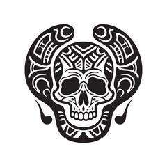 Bold Haida Tribal Skull Illustration Featuring Symmetrical Formlines in Silhouette On White Background. 