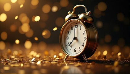 Vintage brass alarm clock on a reflective surface with golden bokeh, glitter, and confetti suggesting a festive countdown and warm celebratory mood.