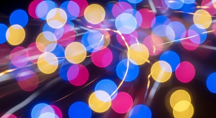 Naklejka premium Vibrant bokeh lights create a festive, energetic atmosphere perfect for celebrations, parties, and holiday themes, evoking joy and excitement