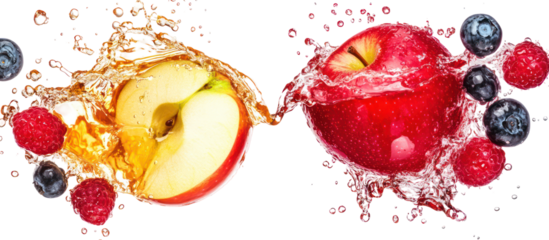 Red apple and sliced apple with berries splashing in water isolated on transparent background