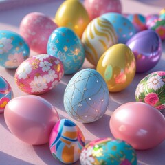 Fototapeta premium Colorful painted Easter eggs on pink background in sunlight