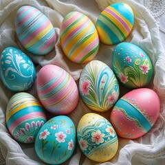 Hand-painted pastel Easter eggs with floral patterns in basket