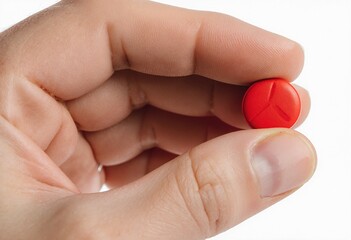 Hand holding a small red pill isolated on pure white background, space for text