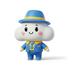 Cartoon cloud character in blue suit and hat, smiling, on white background.